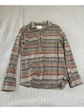 on the byas Men's Striped Button-Down Shirt in Olive, Rust & Cream